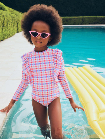 Scandi Frill Swimsuit Rainbow Check SWIMWEAR Huxbaby