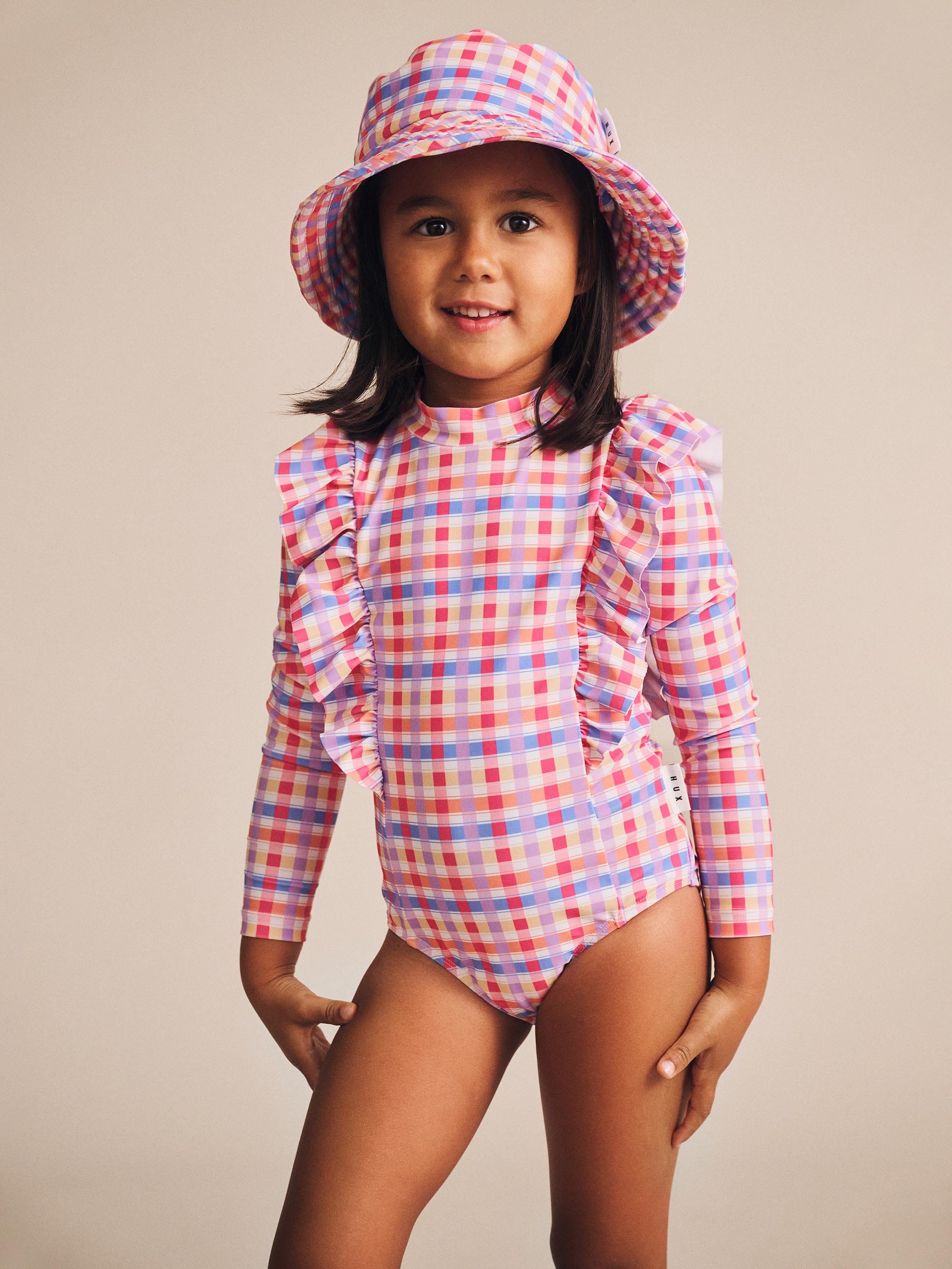 Scandi Frill Swimsuit Rainbow Check SWIMWEAR Huxbaby