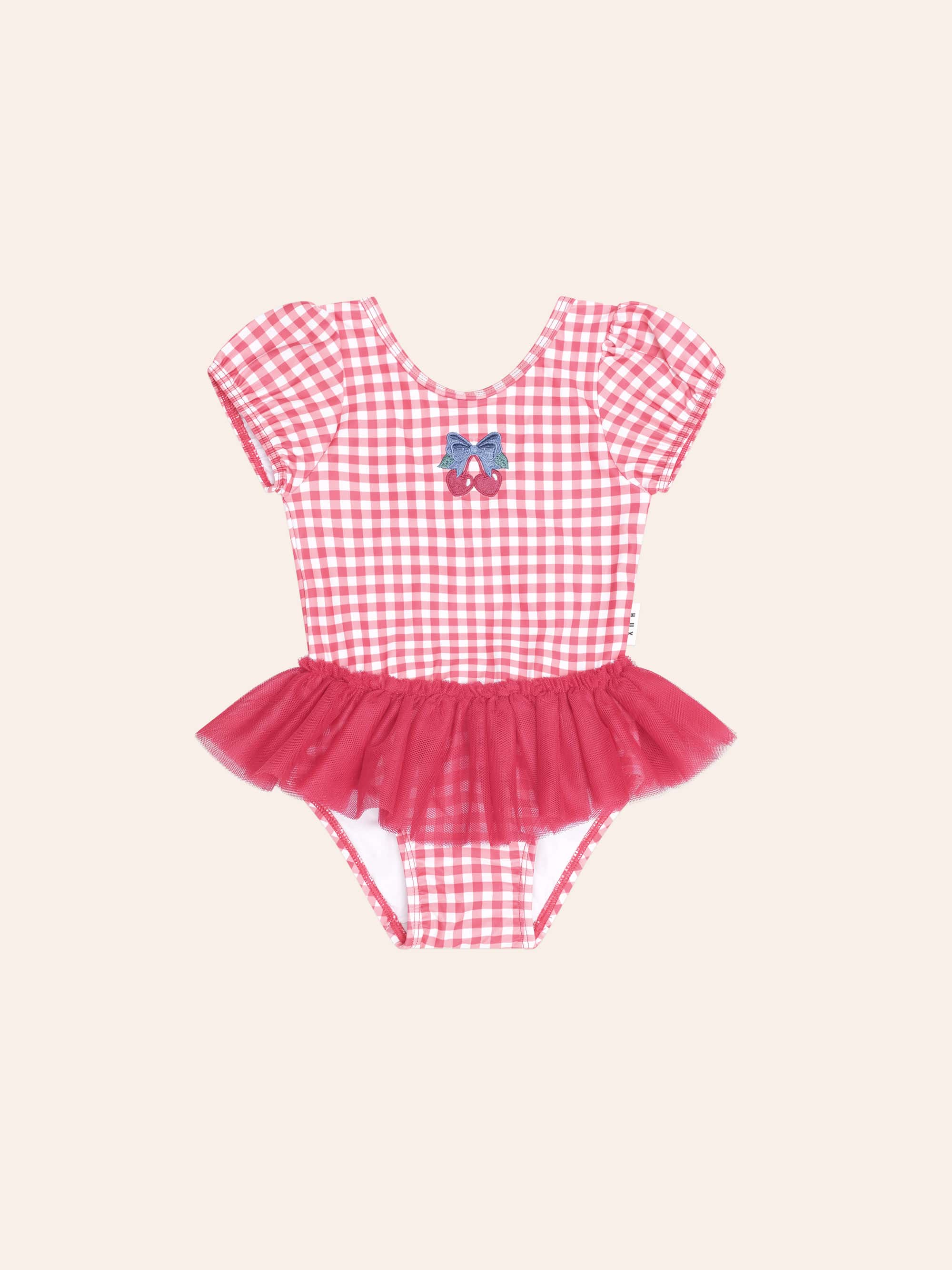Cherry Bow Gingham Tulle Swimsuit SWIMWEAR Huxbaby Shopify