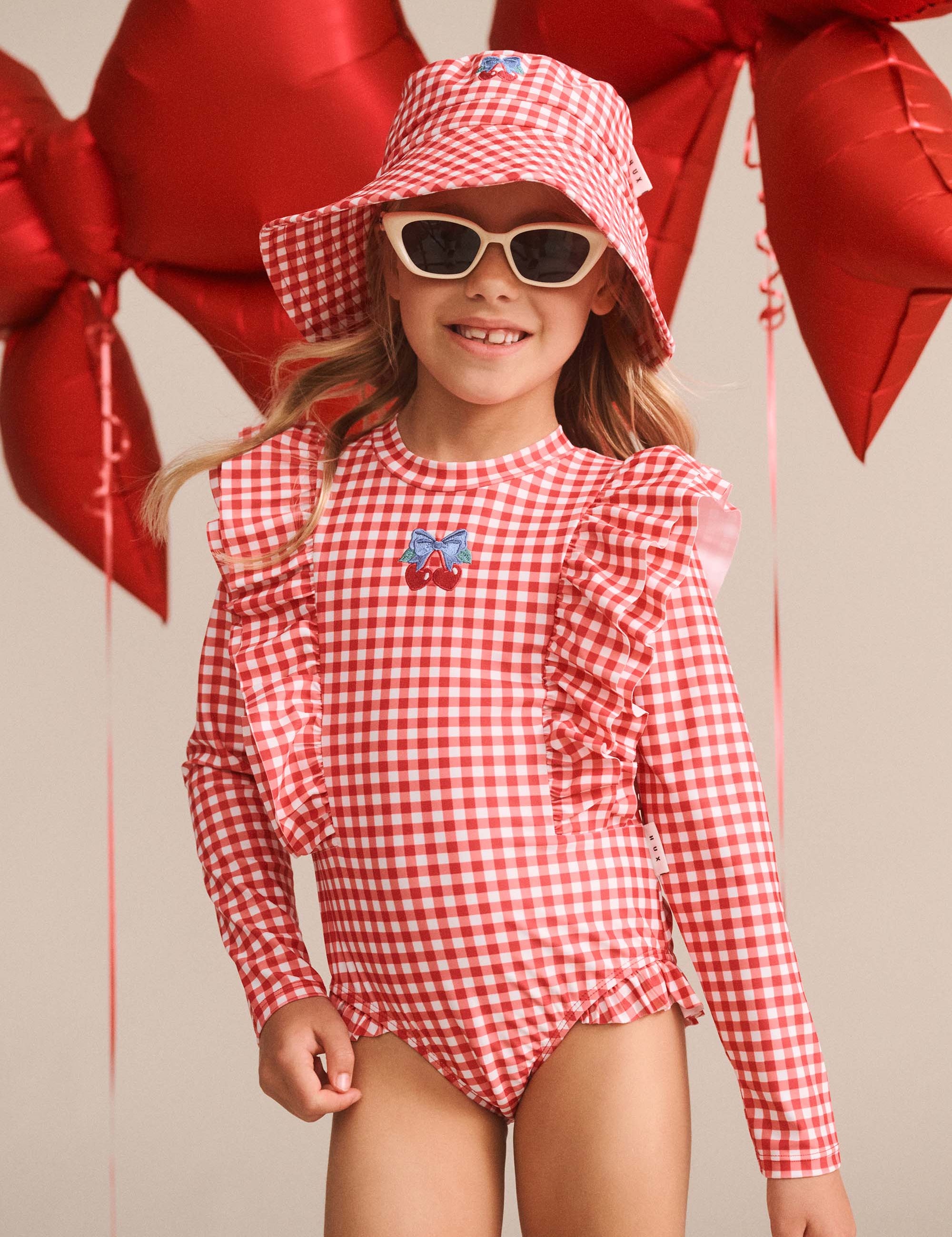 Cherry Bow Gingham Frill Swimsuit SWIMWEAR Huxbaby Shopify