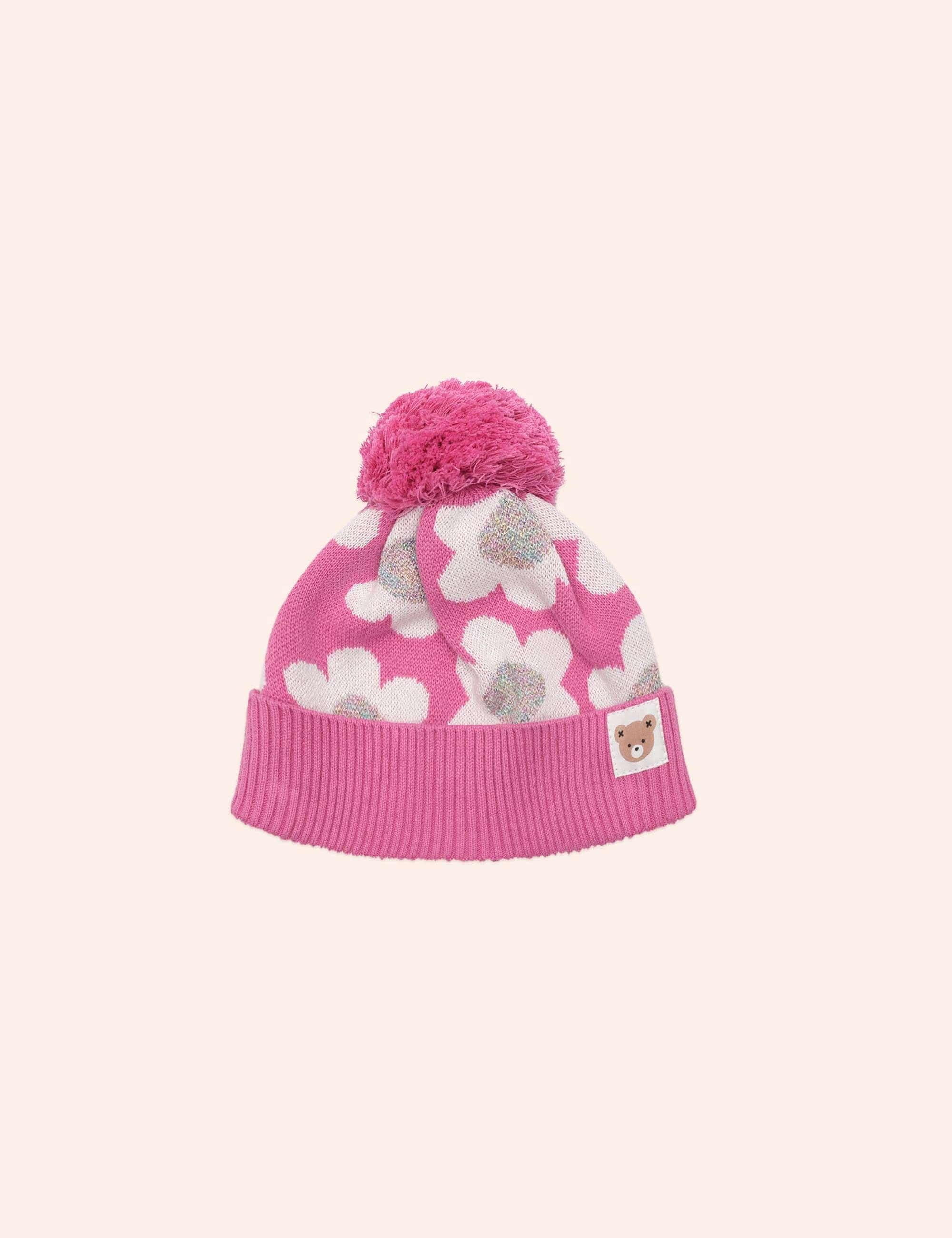 Raspberry Daisy Knit Beanie ACCESSORIES Huxbaby