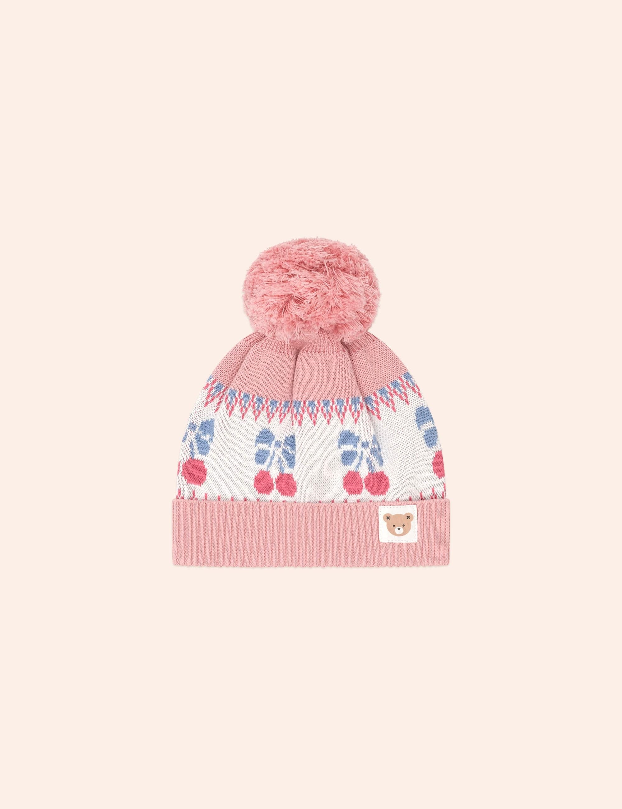 Folk Cherry Bow Beanie Pink ACCESSORIES Huxbaby