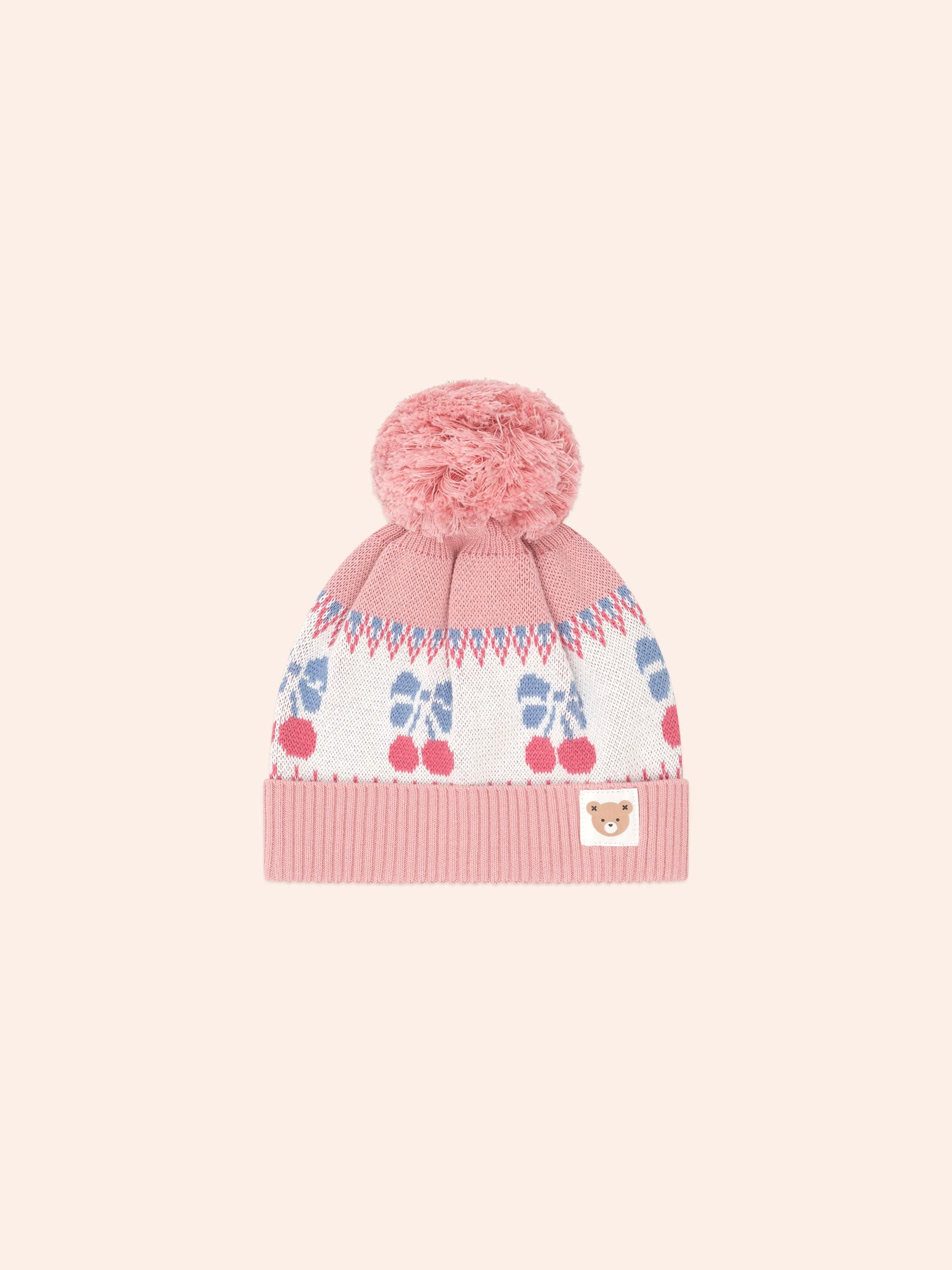 Folk Cherry Bow Beanie Pink ACCESSORIES Huxbaby