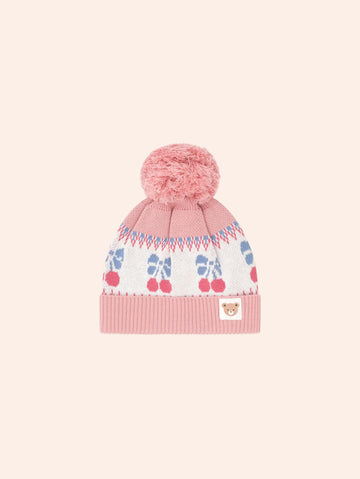 Folk Cherry Bow Beanie Pink ACCESSORIES Huxbaby