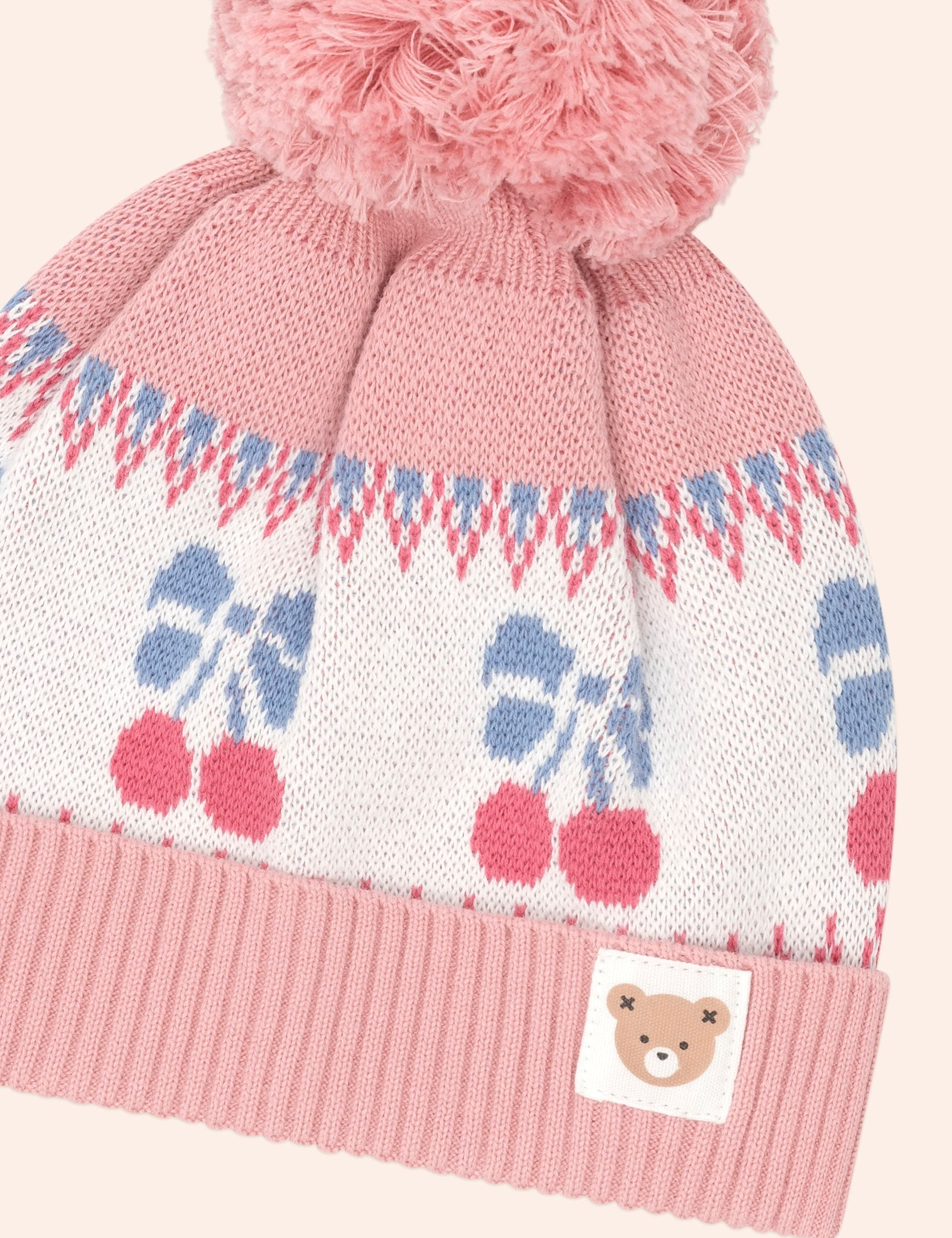 Folk Cherry Bow Beanie Pink ACCESSORIES Huxbaby