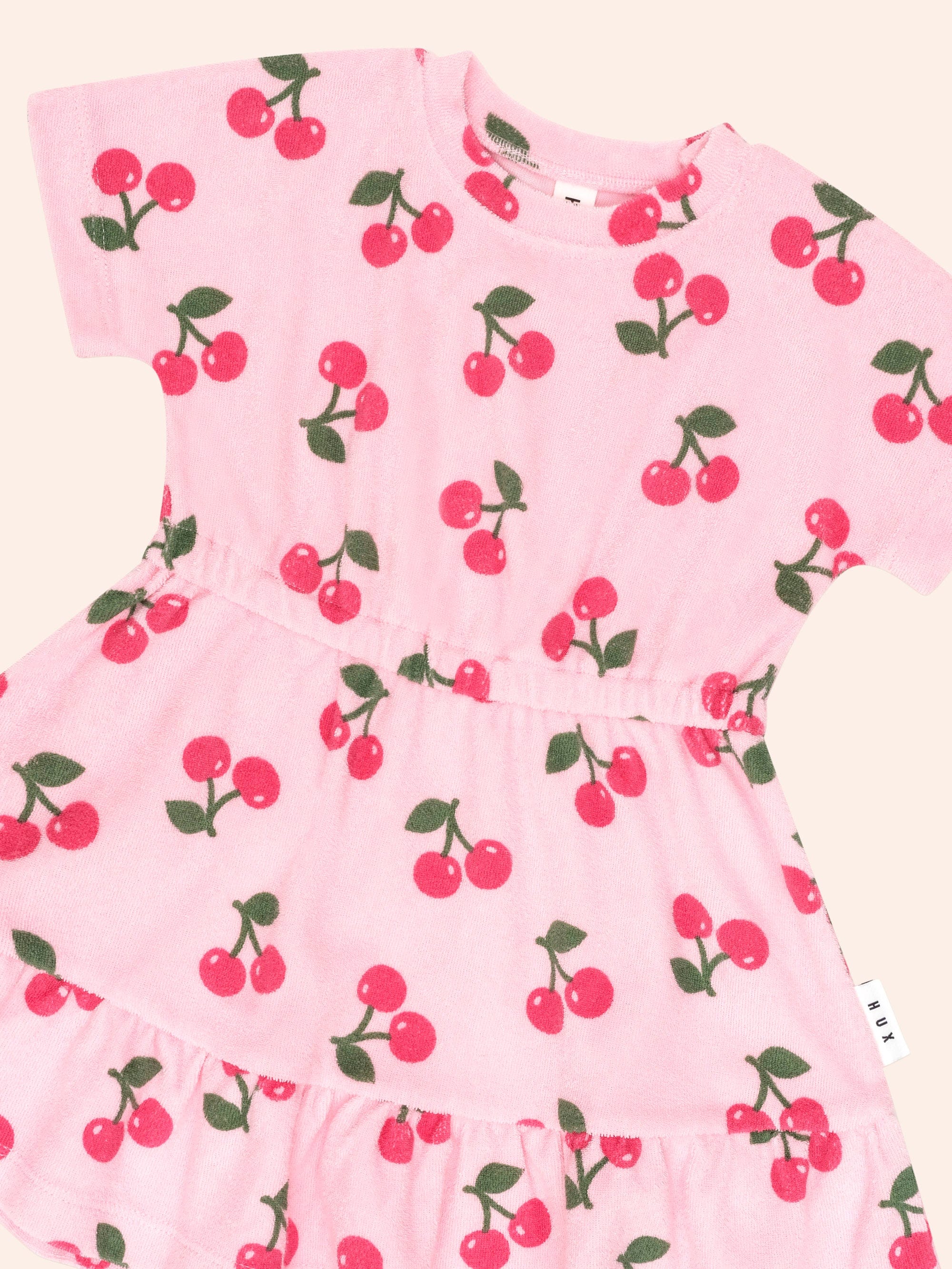 Cherry Towelling Gathered Dolman Dress DRESS Huxbaby