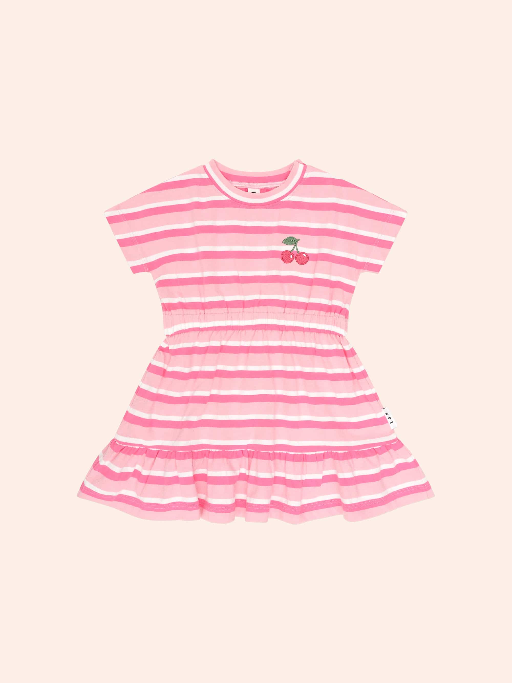 Stripe Dolman Cherry Emb Gathered Dress DRESS Huxbaby