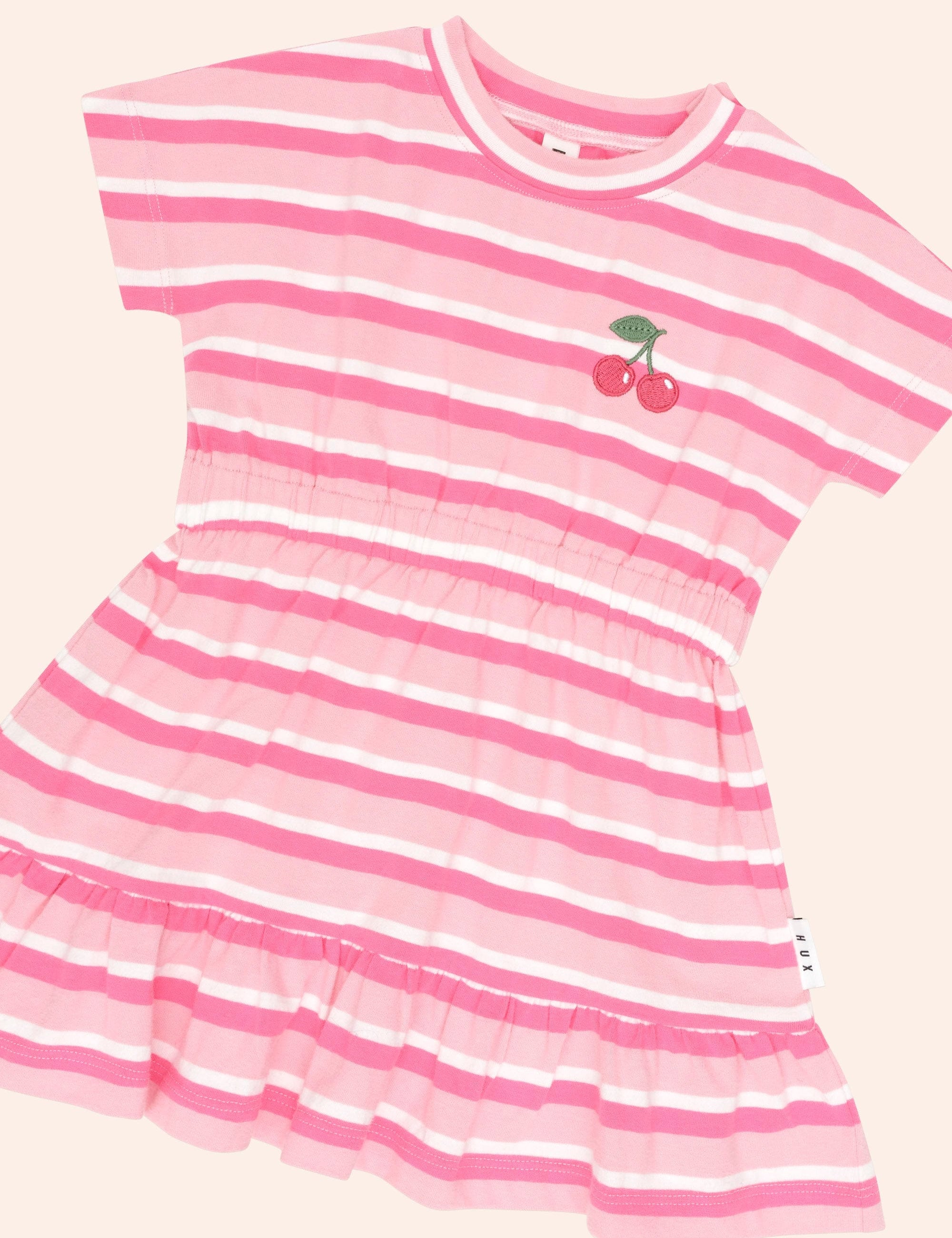 Stripe Dolman Cherry Emb Gathered Dress DRESS Huxbaby