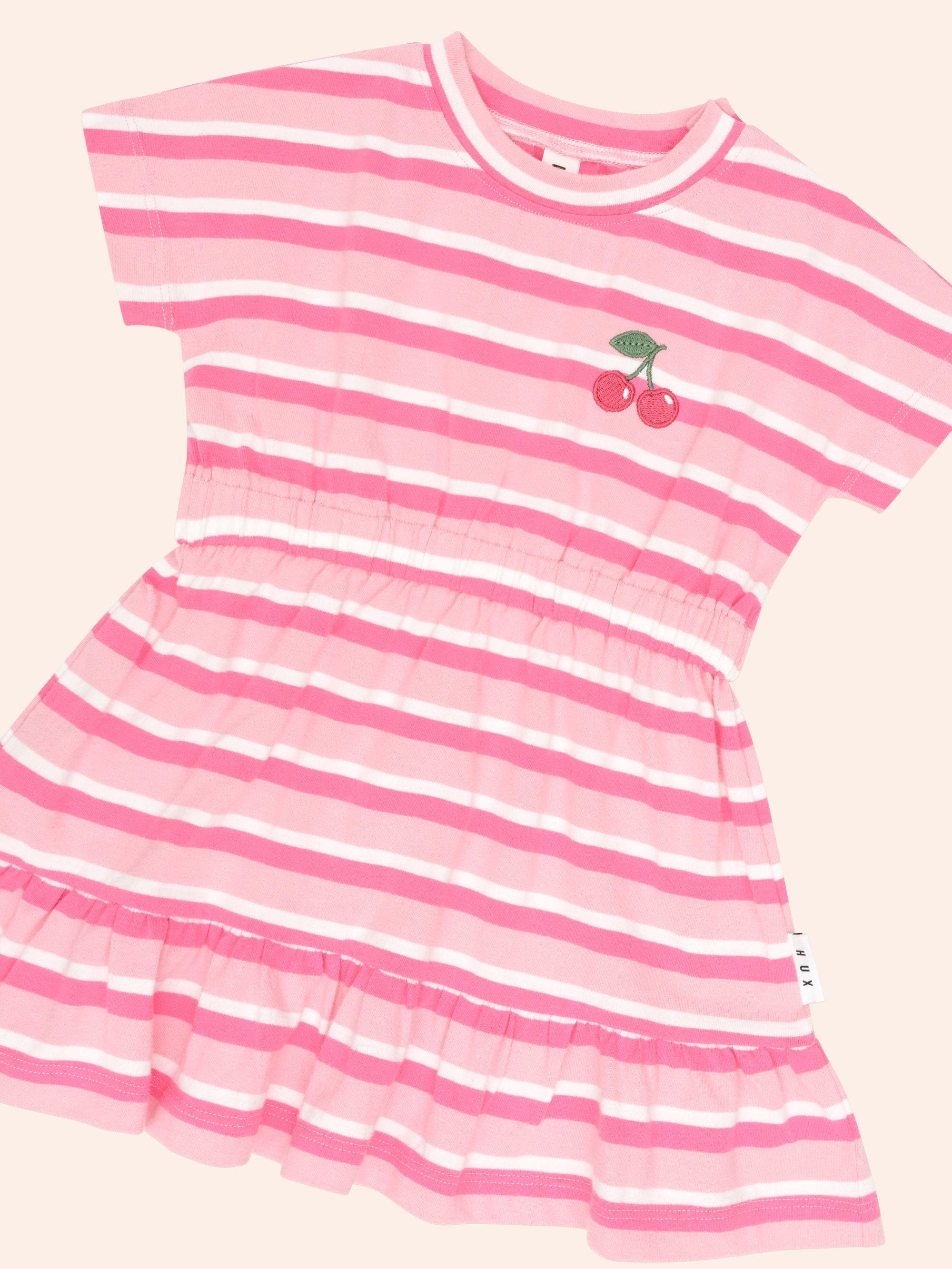 Stripe Dolman Cherry Emb Gathered Dress DRESS Huxbaby