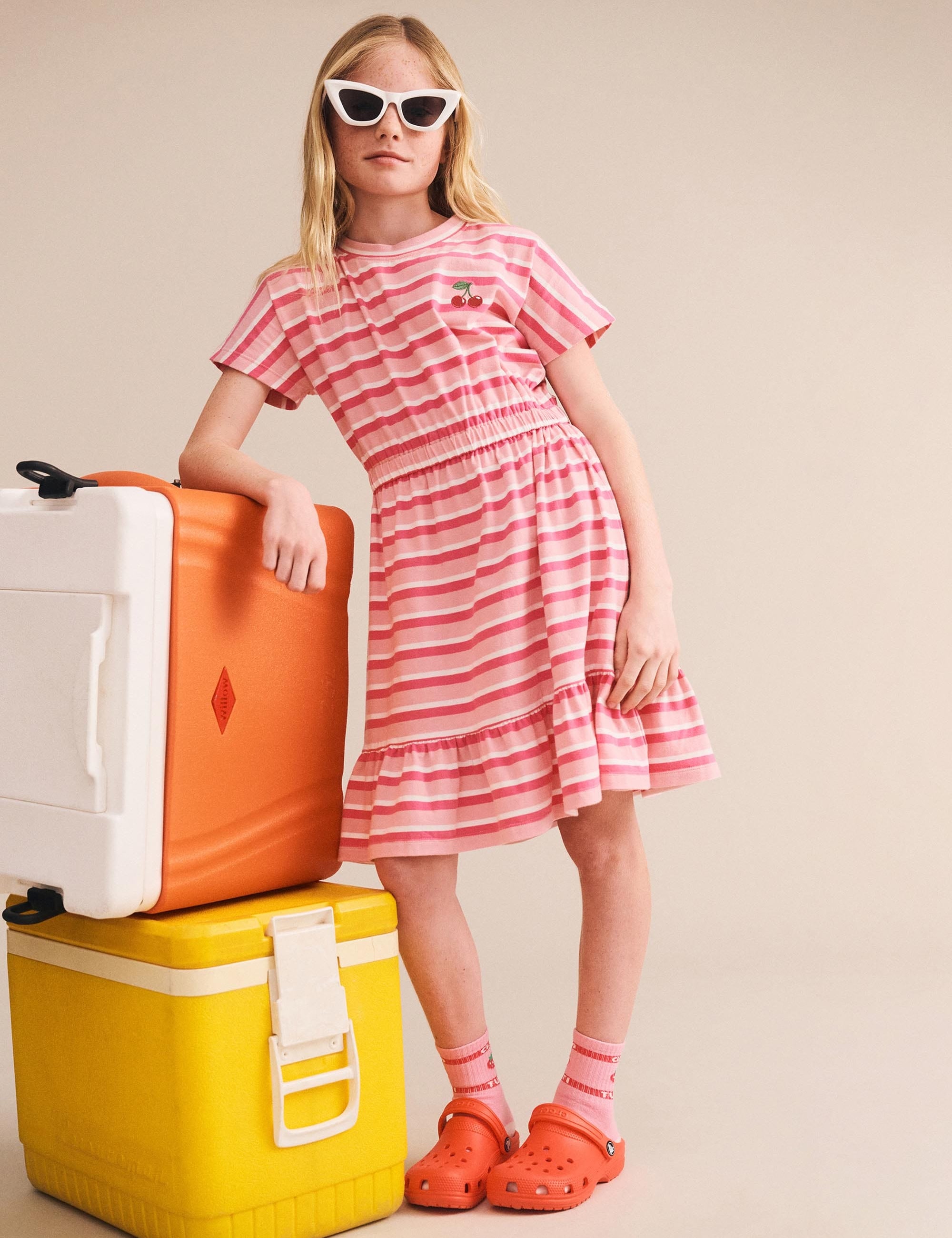 Stripe Dolman Cherry Emb Gathered Dress DRESS Huxbaby