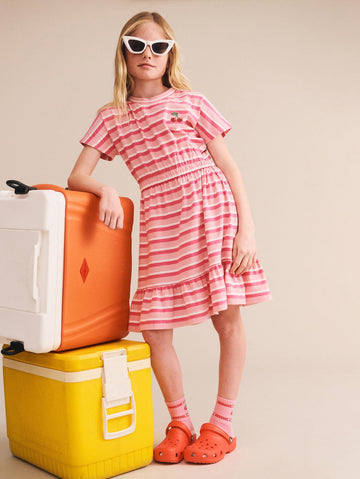 Stripe Dolman Cherry Emb Gathered Dress DRESS Huxbaby