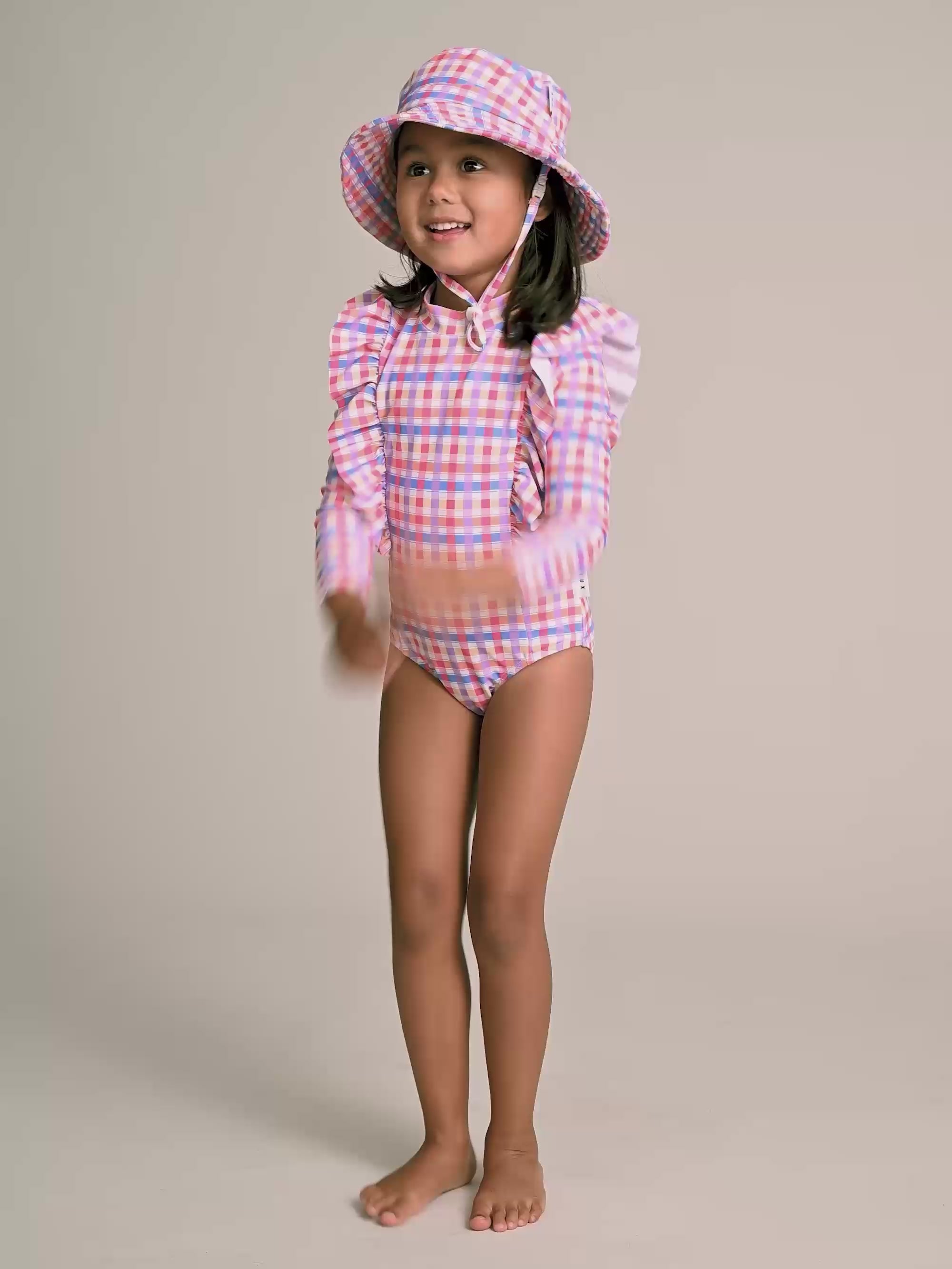 Scandi Frill Swimsuit Rainbow Check SWIMWEAR Huxbaby