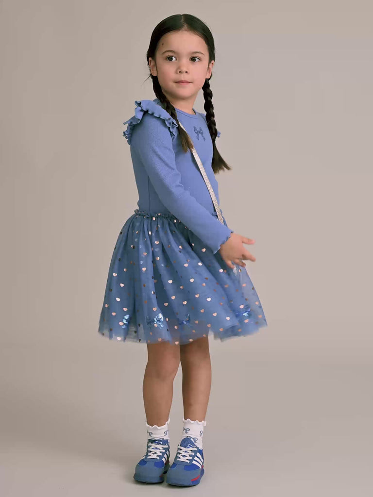 Sequin Bow Tulle Dress Blue DRESS Huxbaby