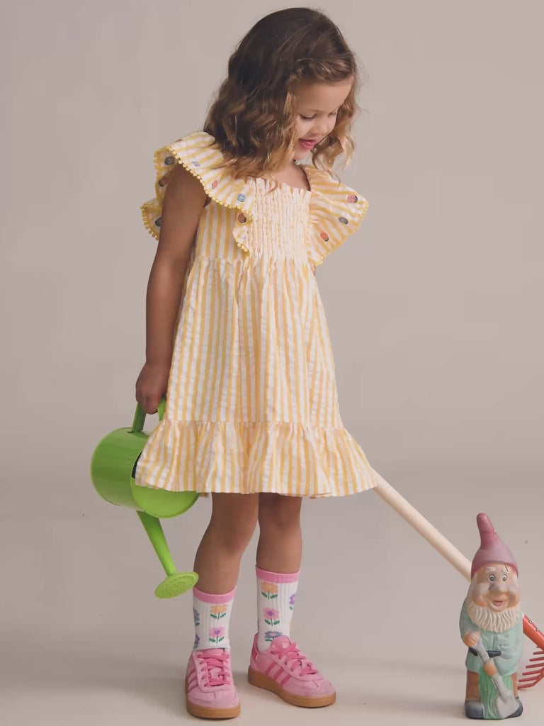 Flower Field Stripe Shirred Dress DRESS Huxbaby Shopify