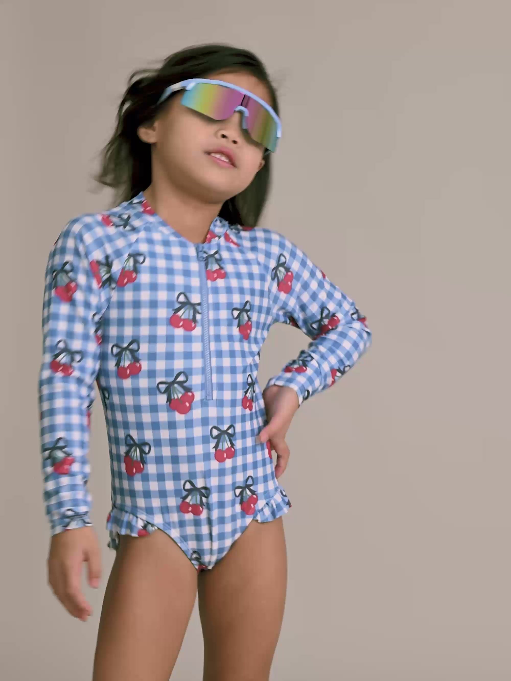 Cherry Gingham Raglan Swimsuit SWIMWEAR Huxbaby