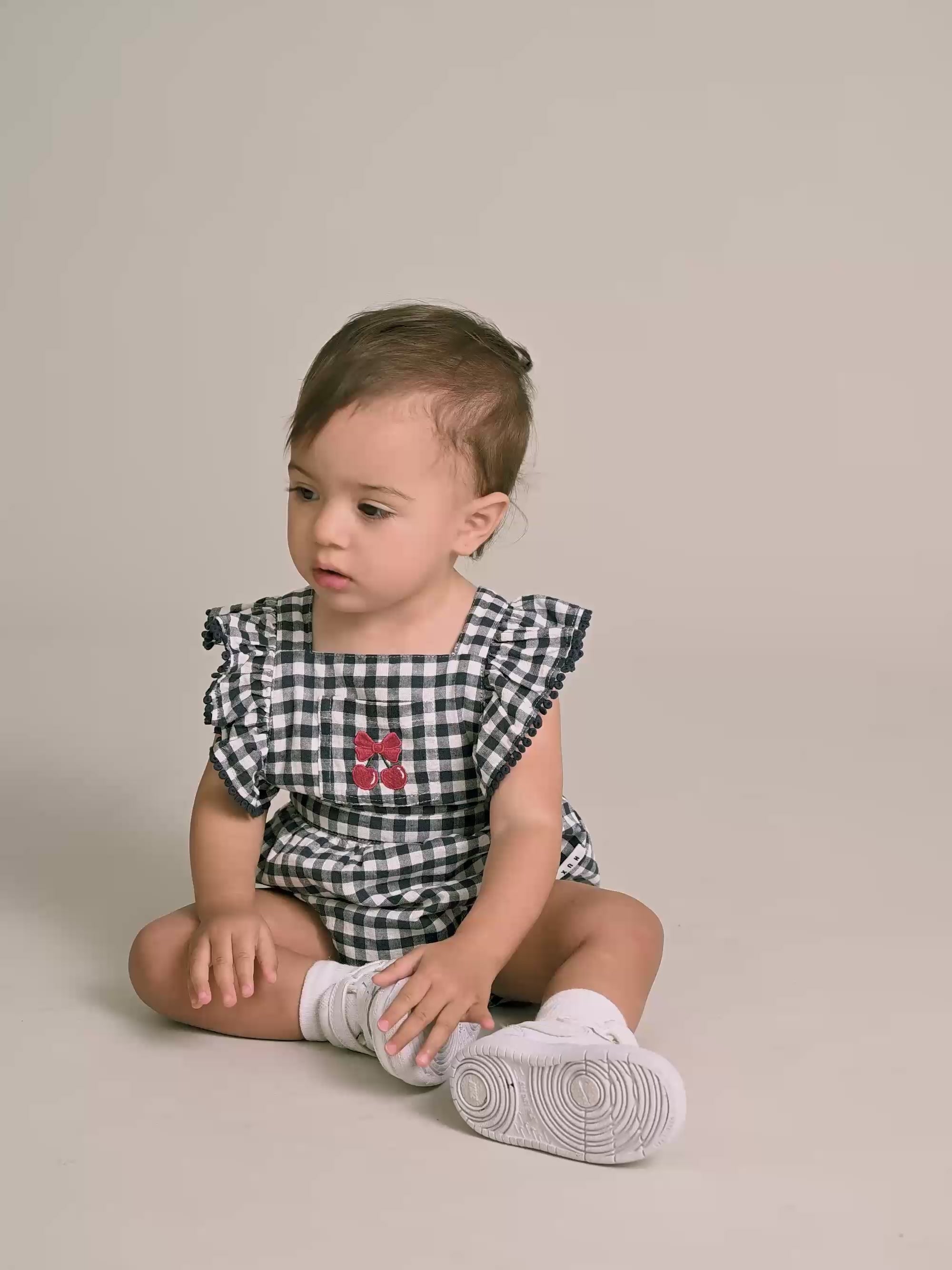 Frilly Playsuit Cherry Pie Check ROMPER Huxbaby
