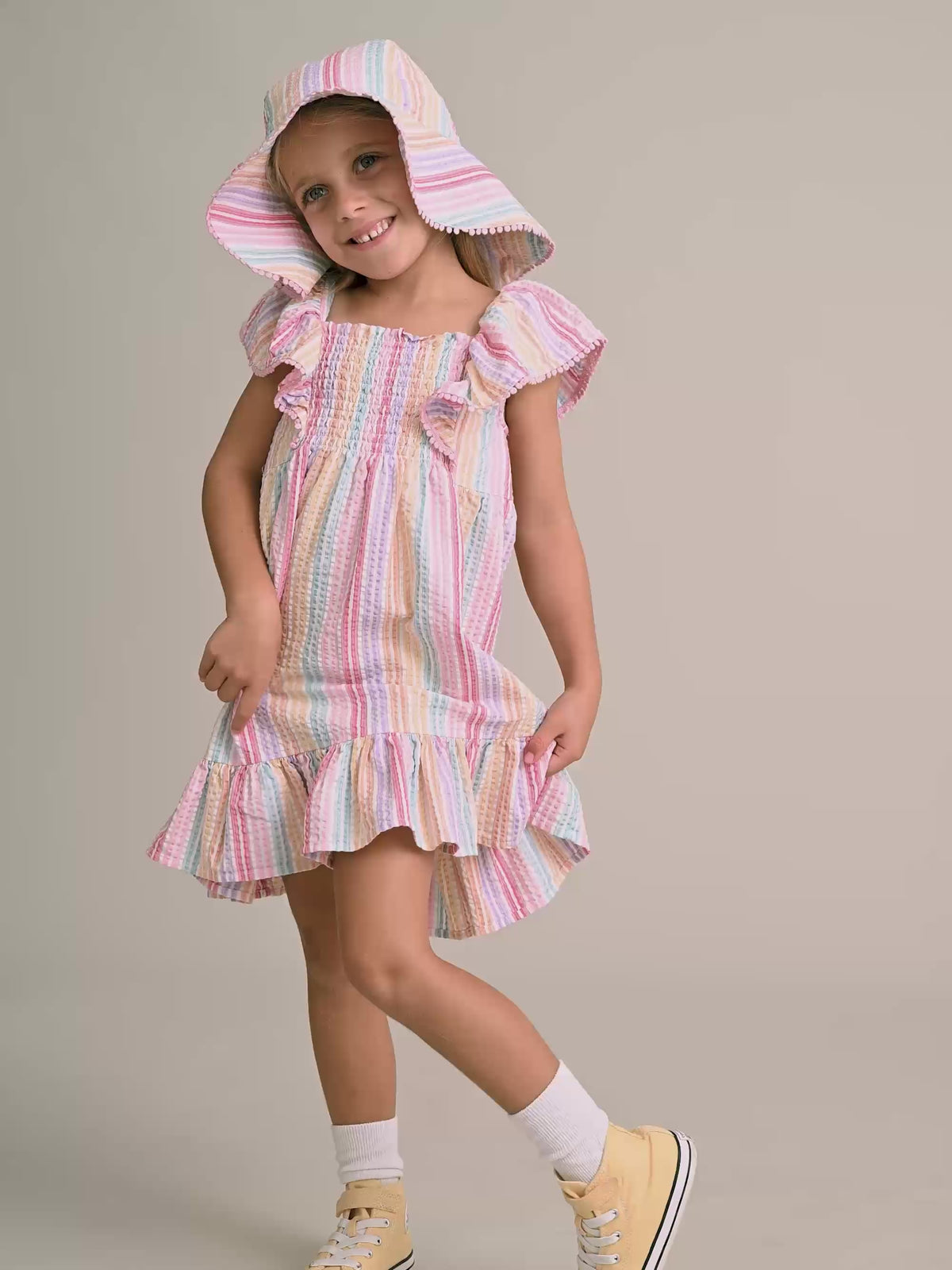 Rainbow Stripe Shirred Frill Dress DRESS Huxbaby