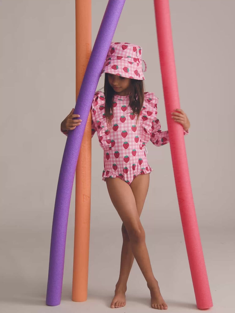Strawberry Check Frill Swimsuit SWIMWEAR Huxbaby Shopify